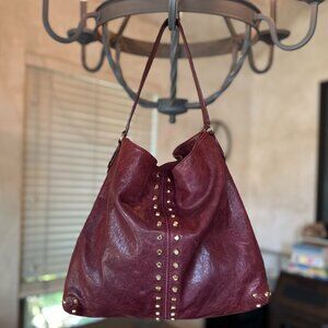 Michael Kors Distressed Burgundy Leather Studded Hobo Shoulder Bag, EUC